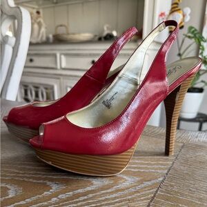Red Open Toe Platform Sling
Back Pumps with A Neutral Heel
Size 9.5 M